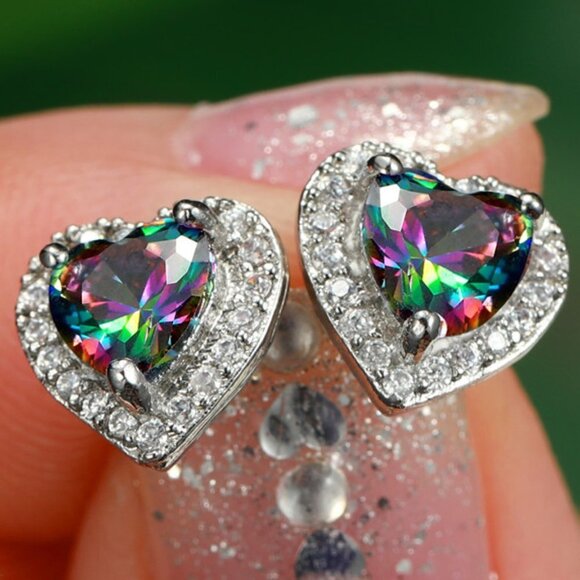🎀 Lovely Heart Colorful Zircon Heart Stud Earrings for Women, VP1006 - Picture 1 of 1